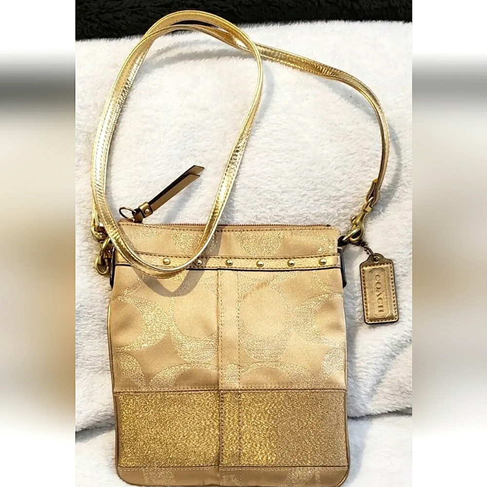 Coach Signature Stripe Shimmer Gold Studded Crossbody Purse G0867-42020